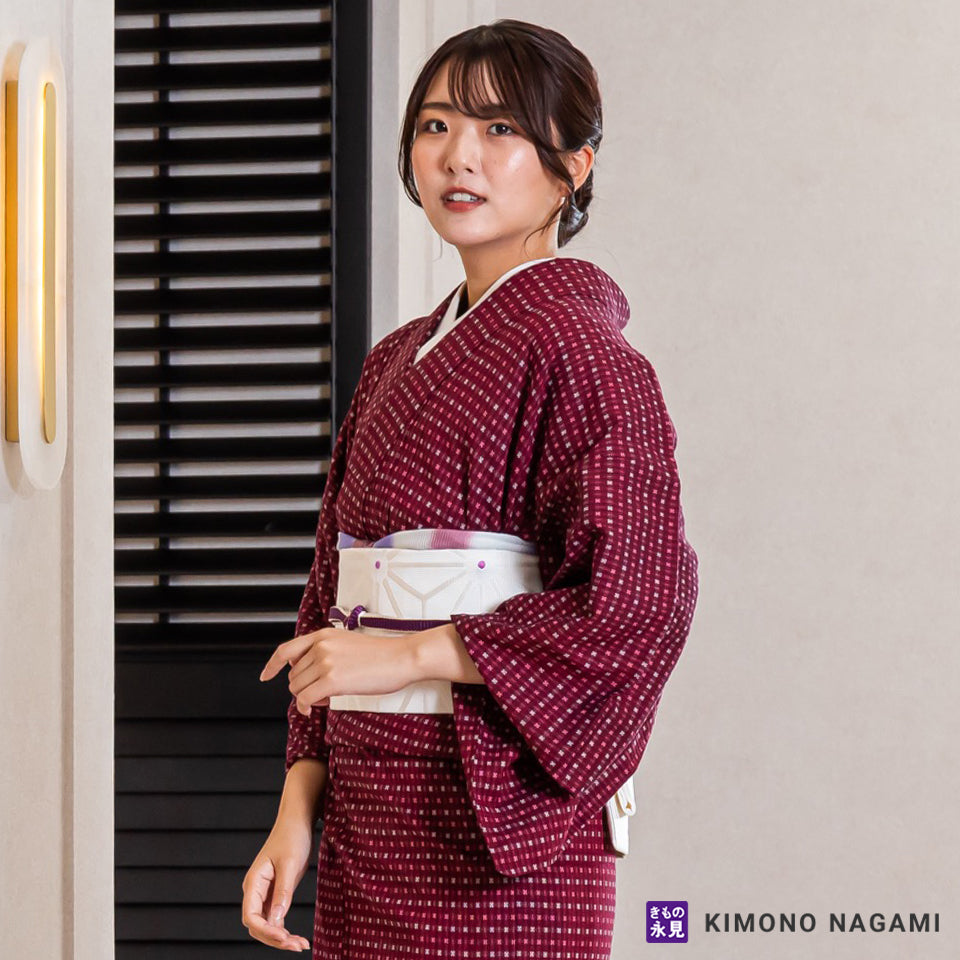久留米絣│お仕立て上がり 洗える木綿きもの │フリーサイズ 臙脂に