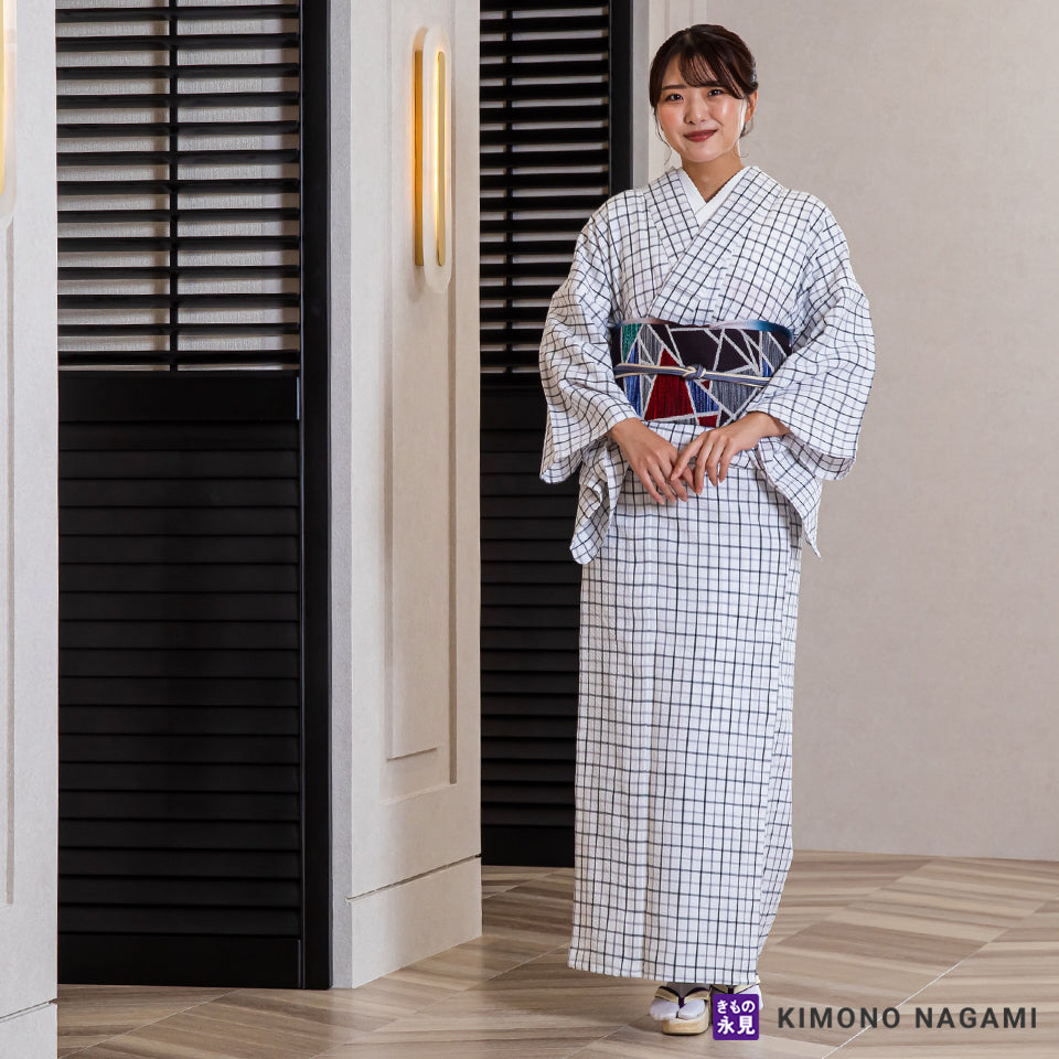 久留米絣│お仕立て上がり 洗える木綿きもの │フリーサイズ 白に黒灰