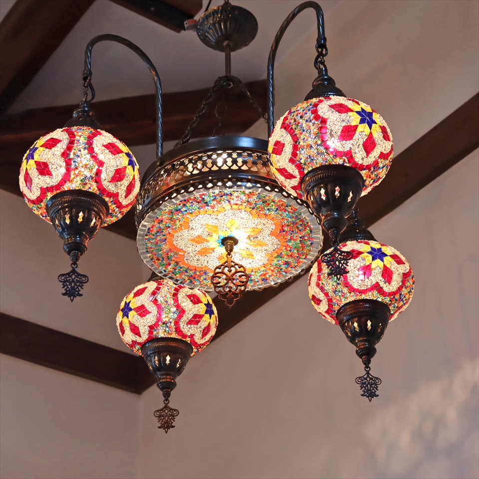 キリムスタイル / トルコランプ モザイクガラスランプシャンデリア 4灯