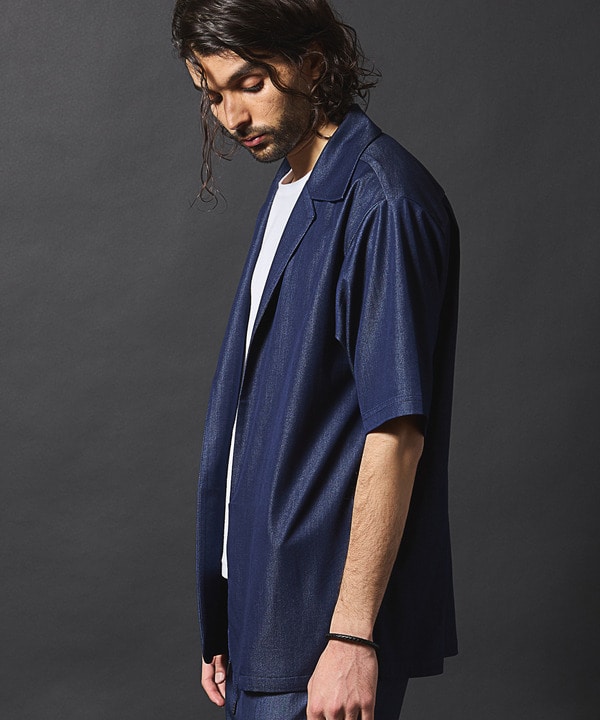 セットアップ対応】テックデニムボタンレスオープンカラーシャツ