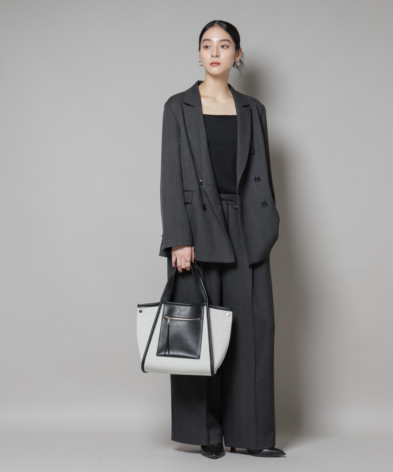 キャンバス × フェイクレザー ポケット バッグ