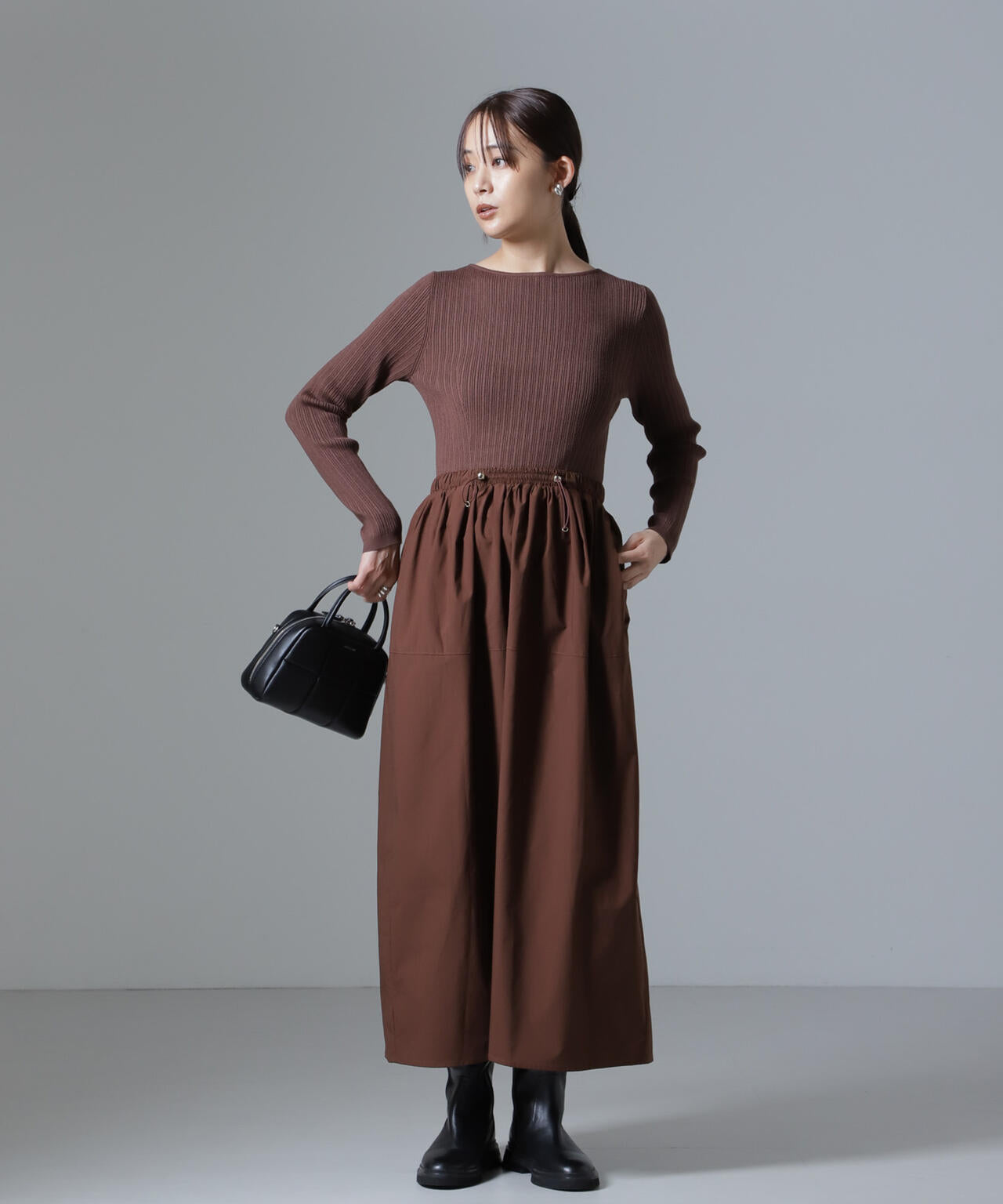 リブニット × タフタ ドッキング ワンピース