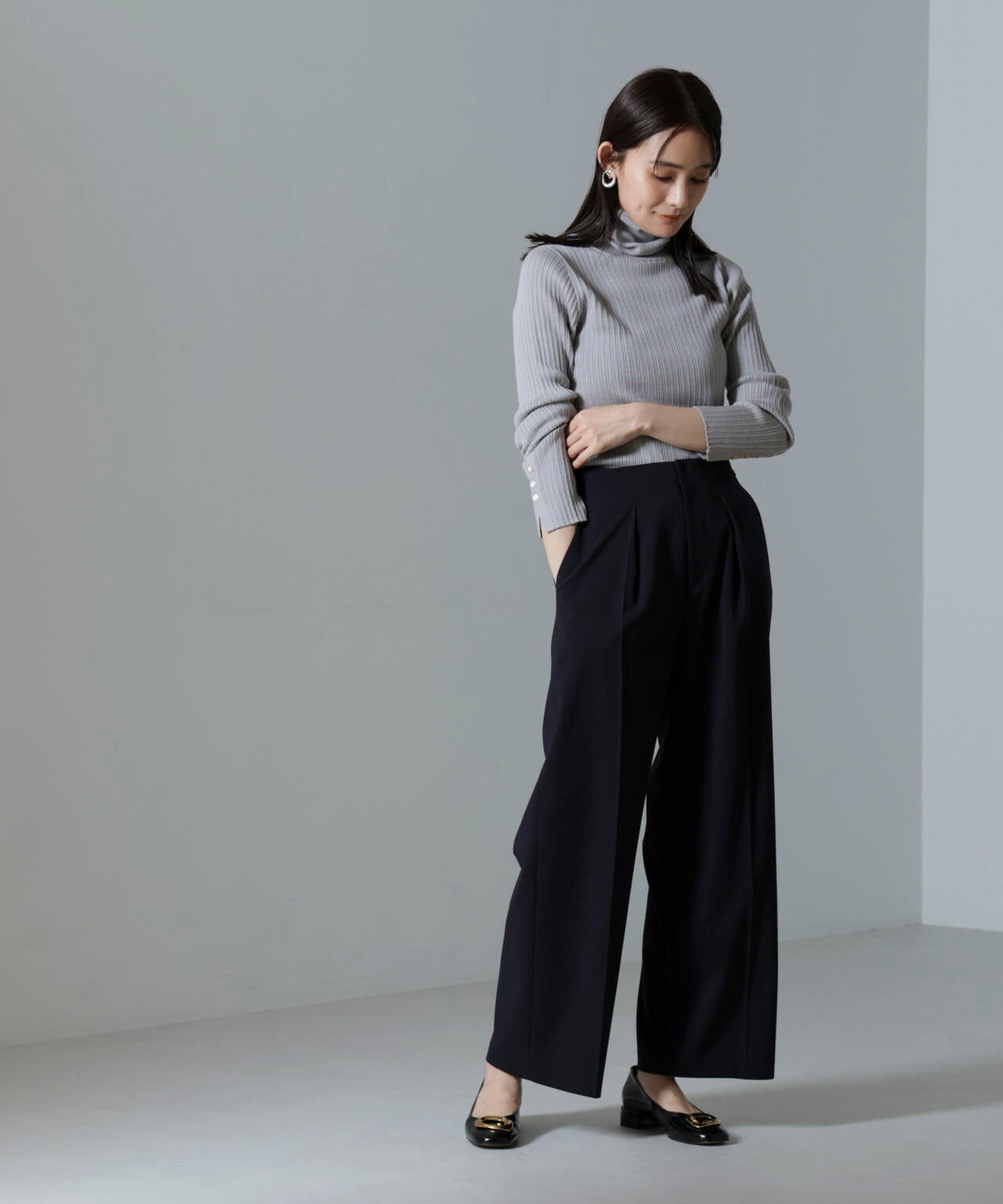 毛玉レス ニット タートルネック リブ プルオーバー