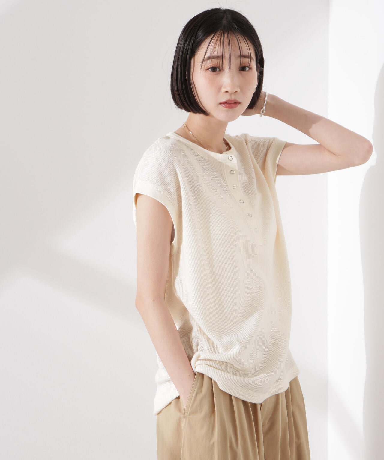 ワッフル ヘンリー ノースリーブ トップス