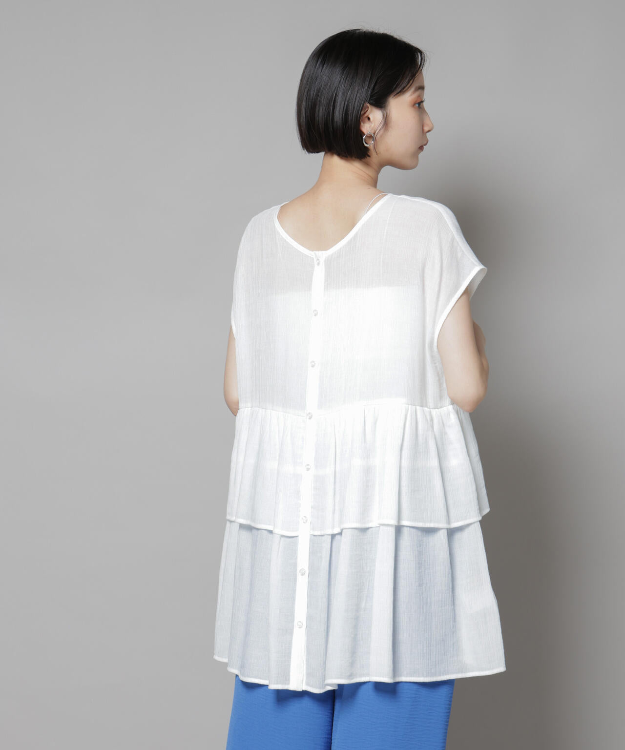 前後 2way シアー 楊柳 ノースリーブ ティアード ブラウス