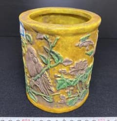 中国美術 雍正年製 花鳥図 筆筒 タルオ 高さ12.5㎝ 東里8-0130②