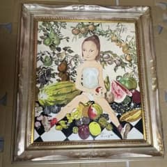 藤田嗣治 肉筆 油彩画 果物と少女 （市場では模写）藤田嗣治と東郷青児