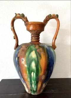 中国古美術 唐時代 贵妃双龍頭三彩瓶 時代物 Y04三彩双龍耳花 - メルカリ