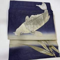 R*a様 鯉 刺繍帯 名古屋帯 紺色 夏帯 螺鈿 貝 白銀 笹 希少 - メルカリ
