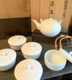 希少・未使用】人間国宝作品 井上萬二 白磁 蓋付湯呑5客＋急須 しおり