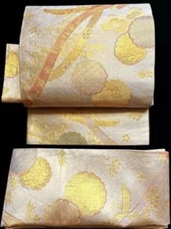 美品 逸品 雪輪紋 組紐 桜 金 正絹 全通柄 袋帯 二重太鼓 作り帯