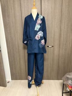 着物リメイク 訪問着紬地 草花文 から作務衣 長身の方でも股下80センチ