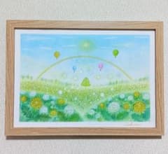 A4】パステルアート たんぽぽ咲く春の野原 気球と虹の空 パステル画