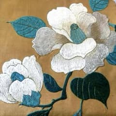 アンティーク名古屋帯 大輪の椿 上質な刺繍 正絹 大正浪漫 淡い辛子色