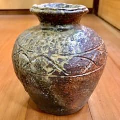 骨董品 手彫り模様茶色緑色グラデーション壺 花道茶道水差し 作家物