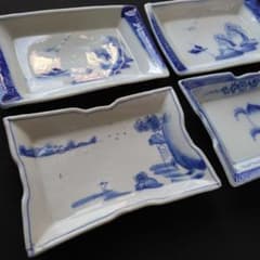 大正～昭和初期 古伊万里 いろいろ 長方皿 染付山水 4客 骨董 古物