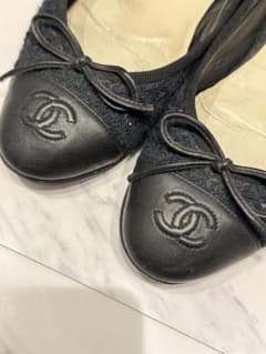 CHANEL シャネルバレエシューズ 黒ネイビーレースフラットシューズ36