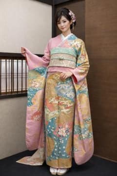 振袖フルセット6点サイズM〜L駒刺繍 地紙飛鶴花文 金彩 正絹 - メルカリ