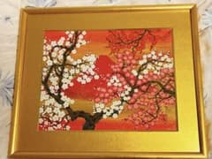 額付】あいはら友子 日本画 赤富士に三色の梅 6号 - メルカリ