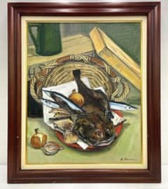 真作保証 河合キヨ子『アンコウのいる静物（不明）』直筆サイン入り