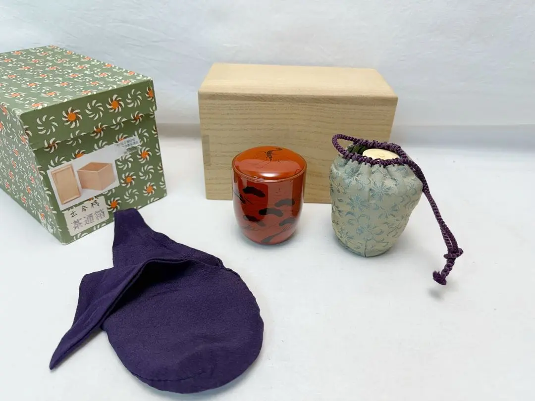 未使用茶道具玄々斎好寫出合桟蓋茶通箱木製朱塗松鶴蒔絵棗大津袋茶入