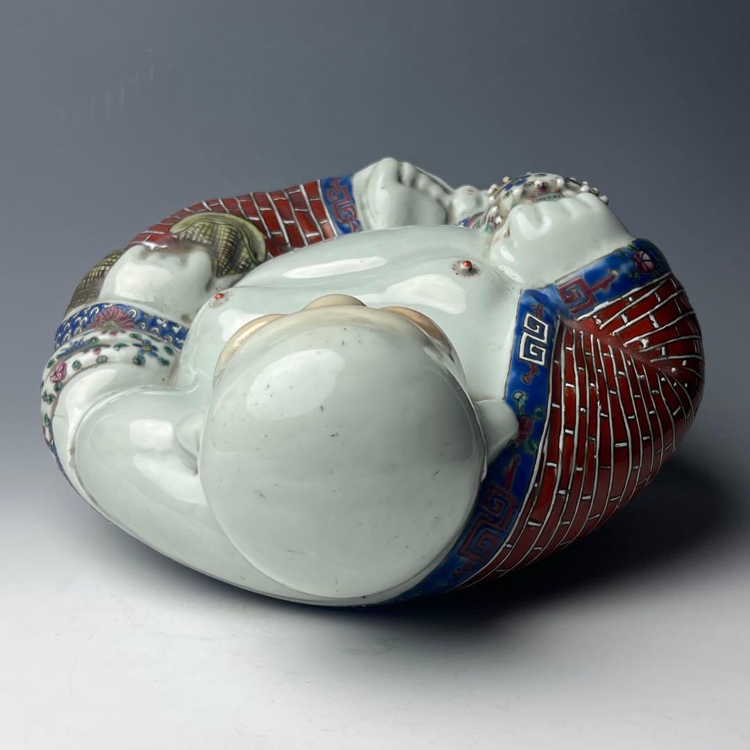 優美 粉彩布袋 江西景徳 朱茂記造 底款 色絵 布袋像 座布団付 仏教中国