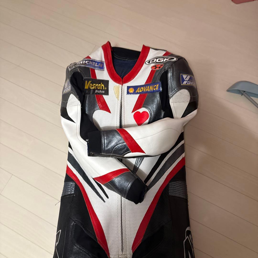 YONEZO 革ツナギ レーシングスーツ 黒/白/赤 MFJ公認 美品 - メルカリ