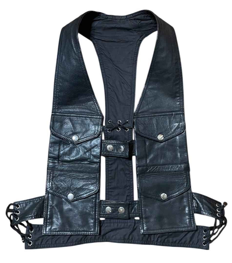 【珍品】 vintage unknown レザーベスト ハーネス ジレ 4つポケ 珍品】 vintage unknown レザーベスト ハーネス ジレ 4つポケ