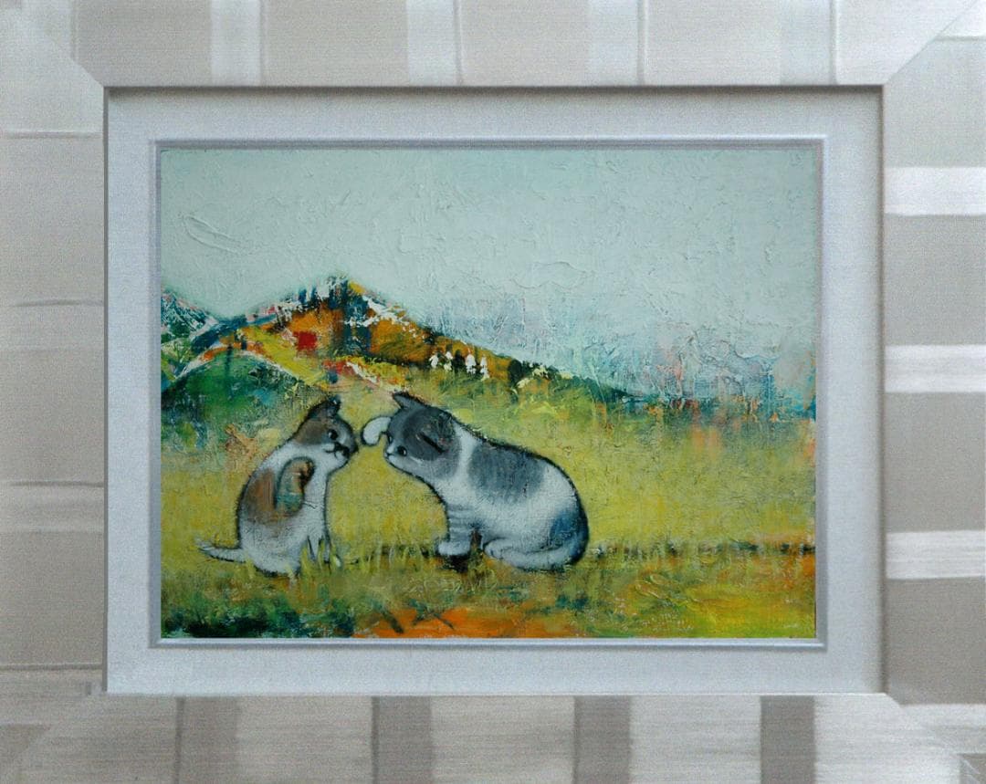 油絵 菅家令子絵 絵画インテリア額付(青緑＋金色の枠) uF6-050520