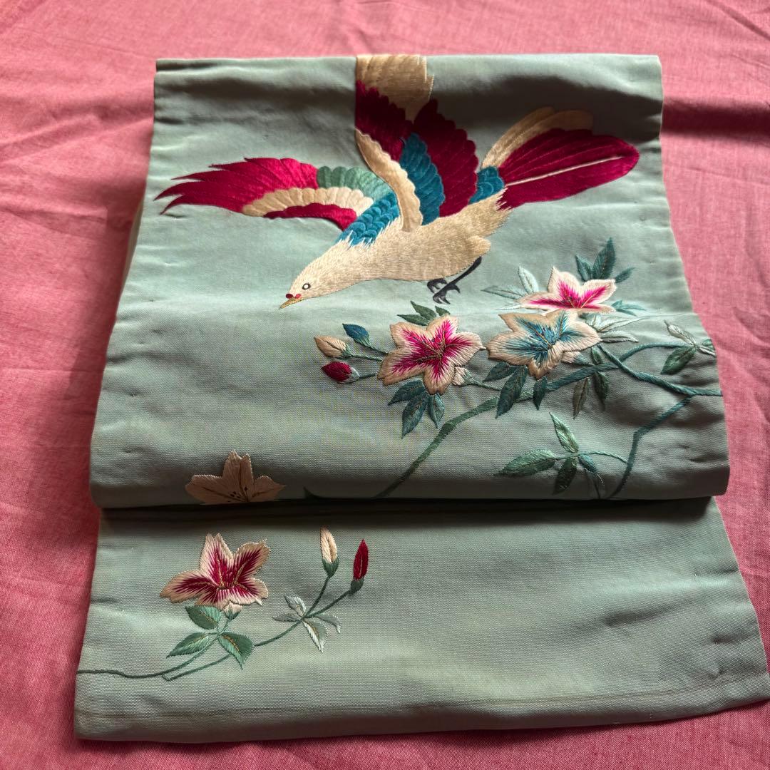 アンティーク 刺繍 名古屋帯 刺繍帯 正絹 鳩 花 瓶覗 - メルカリ