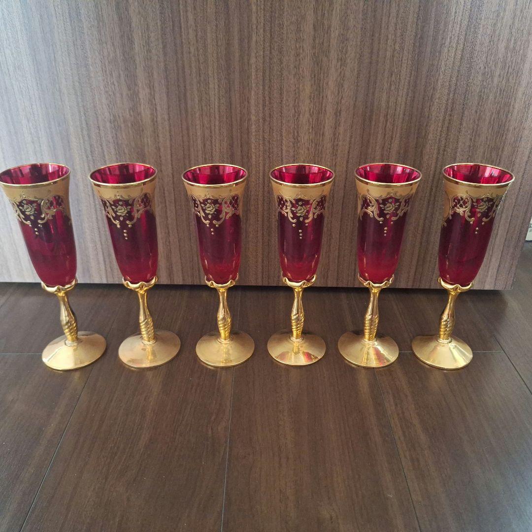ベネチアングラス 花柄 シャンパングラス 6個セット ムラノグラス