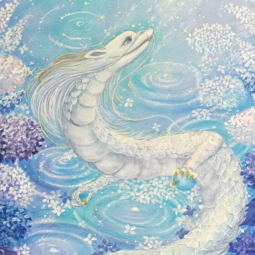 No.509 F3キャンバス 原画 龍神絵画 白龍 紫陽花 開運絵画 立体アート