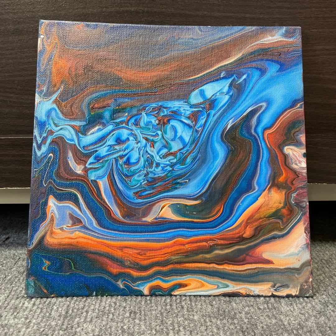 アクリル抽象画 青とオレンジの抽象画 ポーリングアート 約20cm×20cm