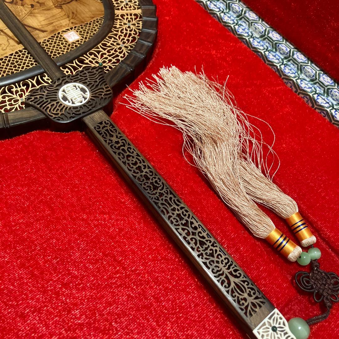 中国美術 唐木造 白檀透彫刻 翡翠 軍配型硯屏 団扇 唐物？