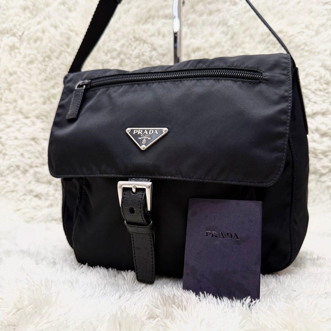 PRADAプラダ 三角ロゴ ショルダーバッグ ベルト 黒 テスート フラップ PRADA（プラダ） 美品 テスート 三角ロゴプレート ブラック 黒