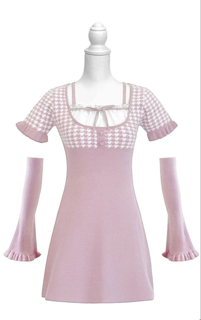 HONEYMEW アームカバー付き千鳥柄ワンピ ピンク - メルカリ