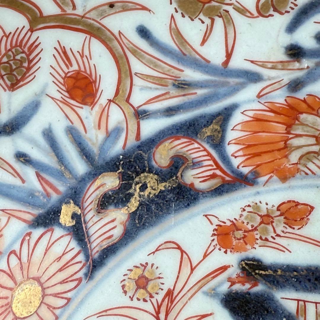 元禄伊万里 色絵花鳥図七寸皿 建築物 金蘭手 赤絵 裏椿文 状態◎ 蒐集