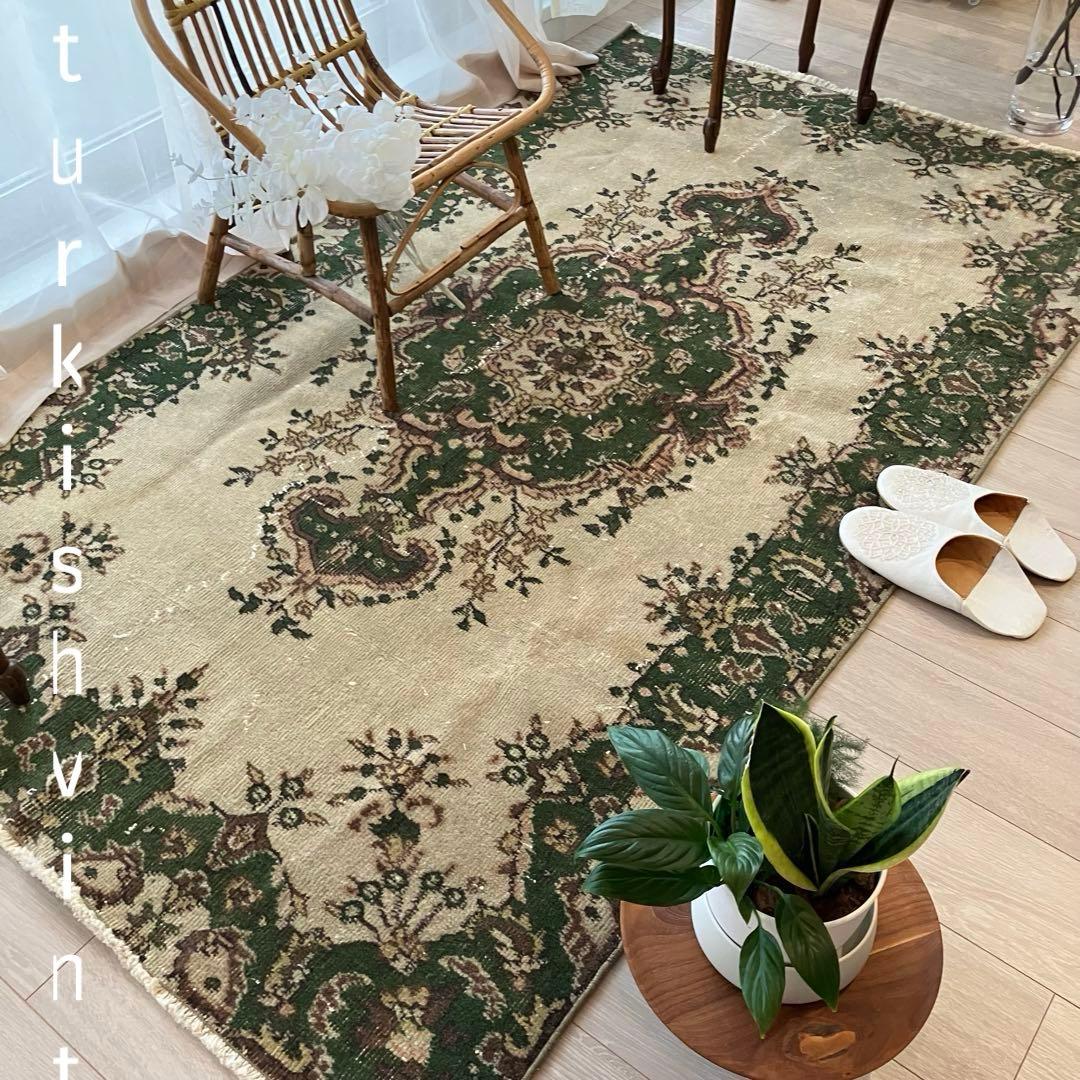 メダリオン113×199カーキ リッチwool グリーン トルコヴィンテージラグ