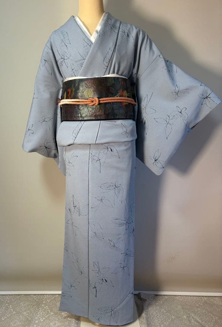 銀座 英 はなぶさ ちりめん 袷 小紋 トールサイズ 身丈162㎝ ブルー