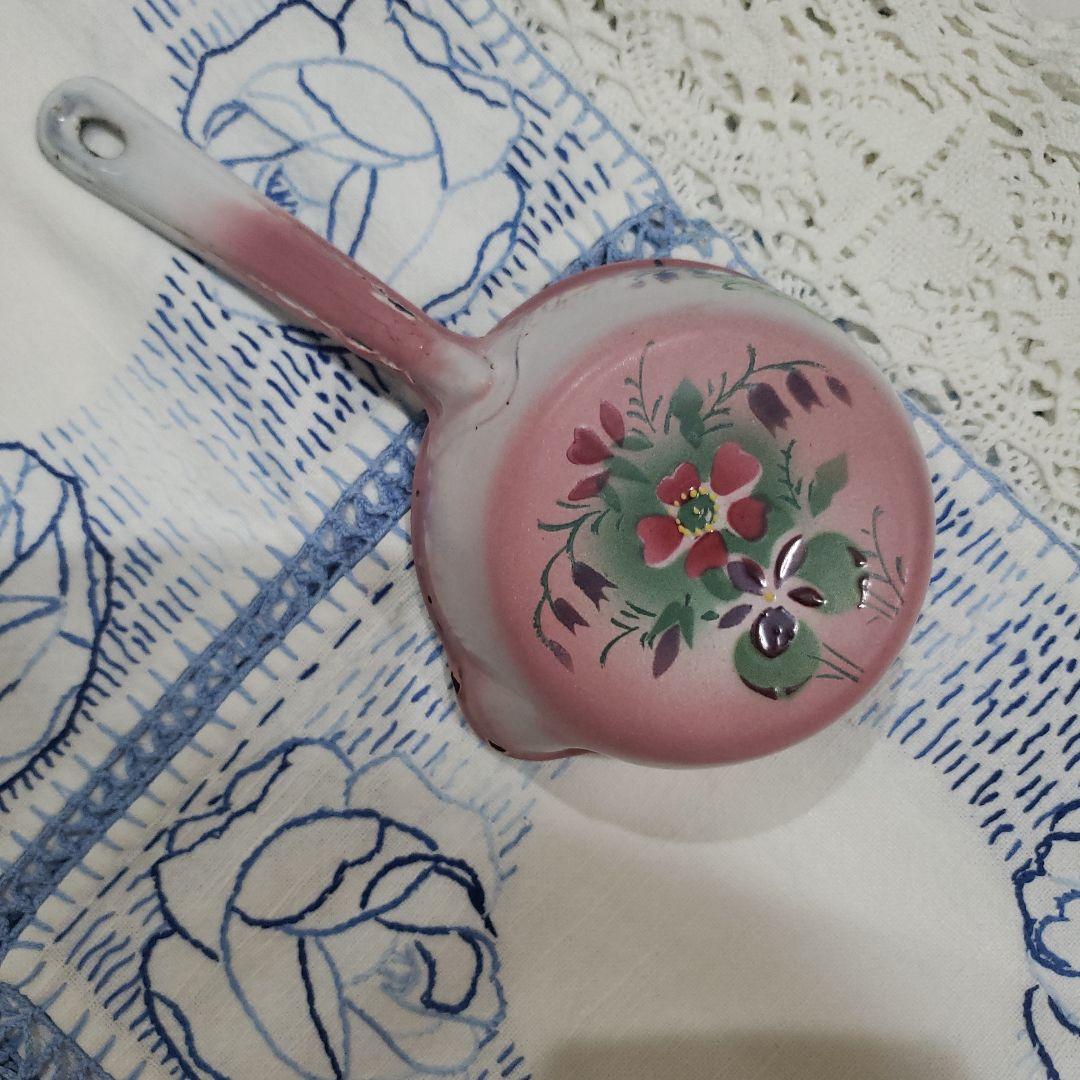 フランスアンティーク ホーロー❣️Japy ピンク すみれ柄 ミルクパン