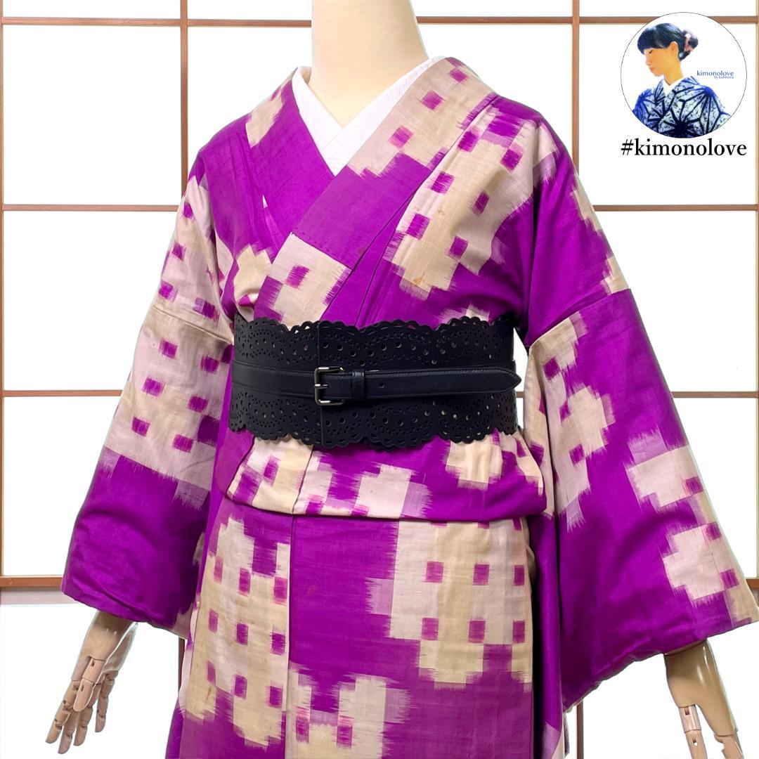 銘仙 着物 正絹 三筋井桁 紫 大正ロマン アンティーク着物 A-2744