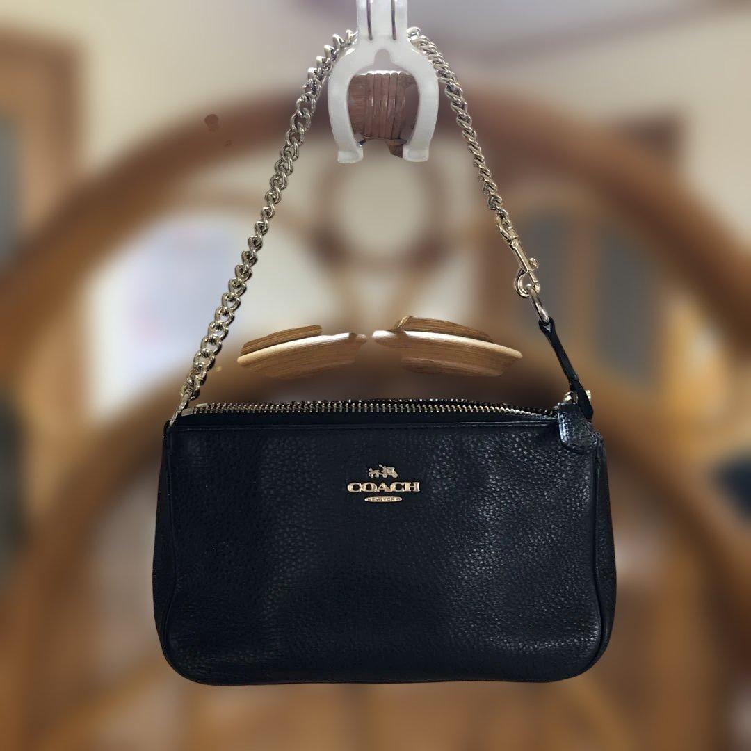 コーチ アクセサリーポーチ ミニショルダーバッグ 2way シボ革 黒