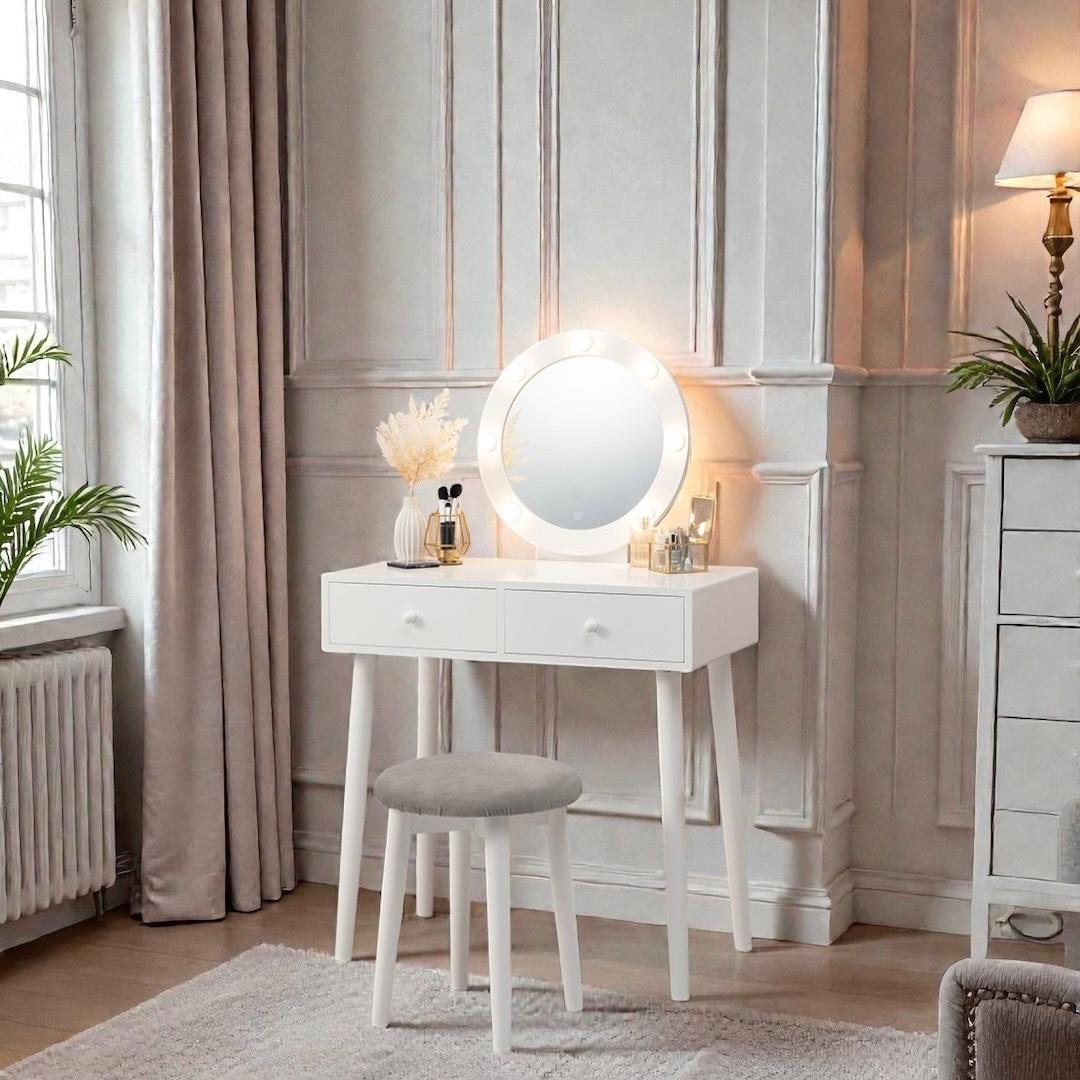 フォロー割【新品】女優ライト付　ドレッサー＆スツールセット　LEDライト LEDライト付き エレガント 三面鏡 女優ドレッサー スツールセット 幅