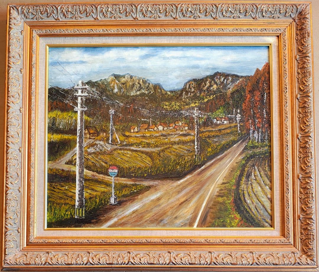 F12号】大型 油絵 風景画 額縁入り バス停 山道 アンティーク 肉筆