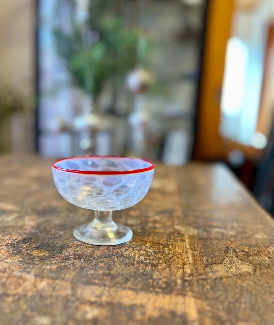 大正ロマン 赤縁水玉紋氷コップ 和ガラス アンティーク 古道具