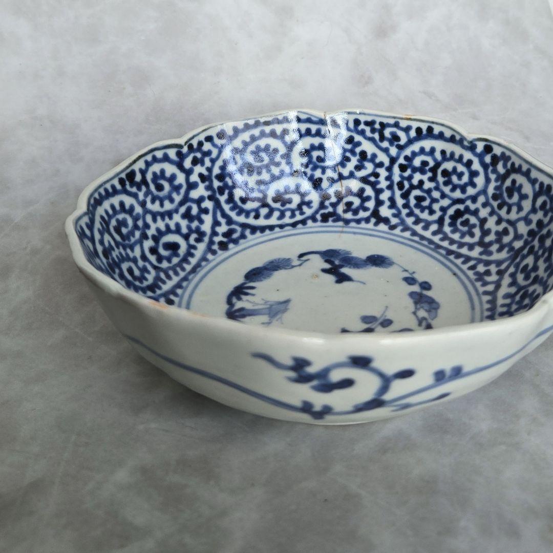 古伊万里 染付 蛸唐草 深皿 膾皿 江戸時代 金直し 金継ぎ 骨董 五弁花