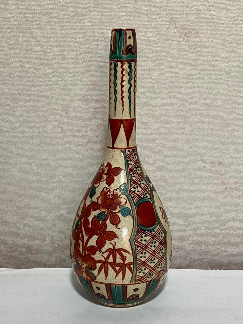 ♢赤絵 赤玉 瓔珞 鋸歯 紋様 鶴首瓶 徳利 九谷焼 越中八尾 大正時代