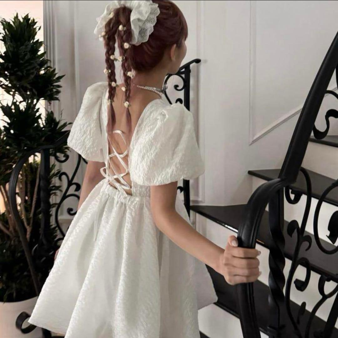 トリートユアセルフ バルーンフラワージャガードワンピース ホワイト