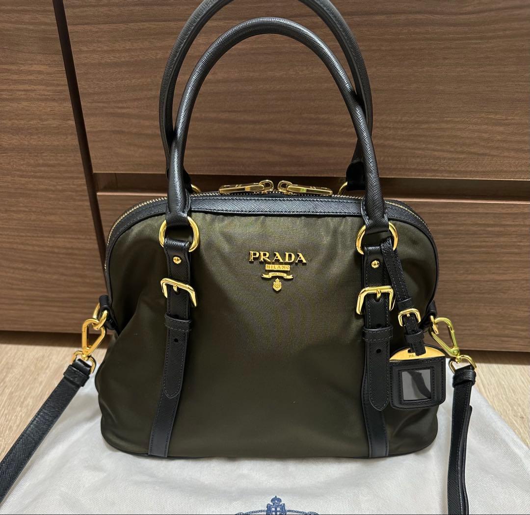 美品♪PRADA レザー＆ナイロンショルダー＆ハンドバッグ カーキ - メルカリ