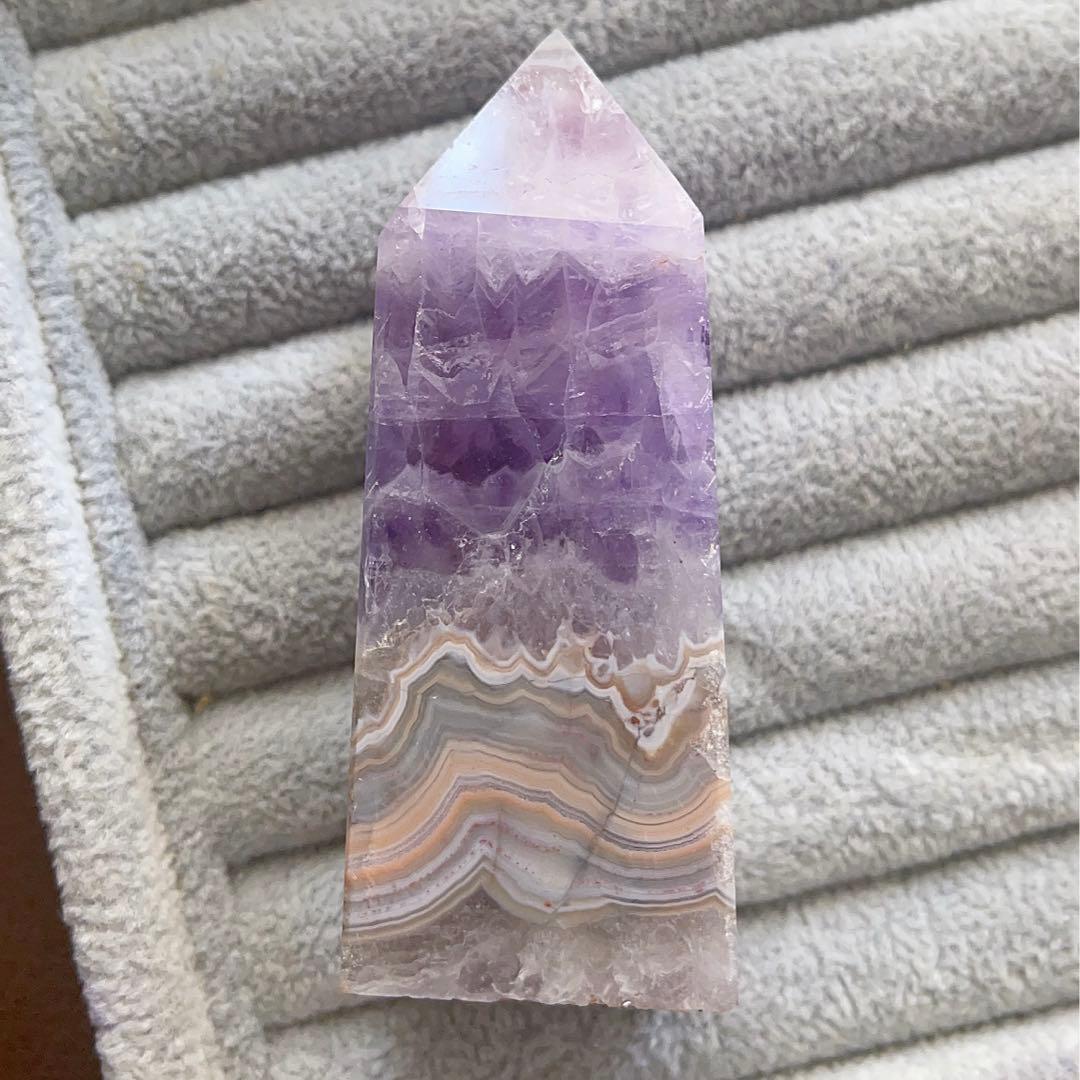 天然石 アメジスト アゲート 共生 ポイント レース パープル 置物 握り